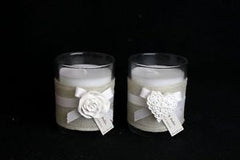 A PAIR OF ROSE WATER SCENTED GLASS CANDLE POTS WITH RIBBON & CLAY EMBELLISHMENT