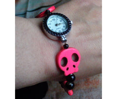 Pink Gemstone Skull & Star Black Beaded Lady's Watch